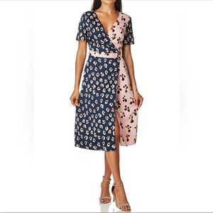 BCBGeneration Floral Contrast Wrap Short Sleeve Dress Blue Pink Indigo